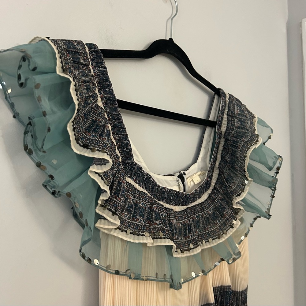 Anthropologie Let Me Be Camilla Blue Cream Ruffled Blouse - Picture 4 of 9